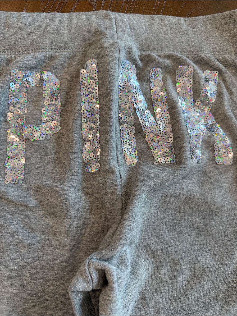 PINK Victoria's Secret Gray Jogger Sweatpants with Iridescent Sequin Logo - Picture 2 of 7